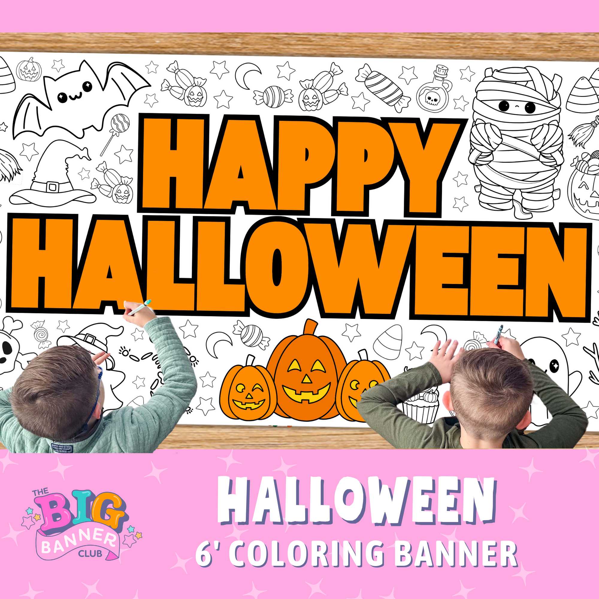 Halloween, giant coloring banner, large paper tablecloth, table runner, happy Halloween, pumpkin, ghosts, witches, Jackola tern, Halloween-themed coloring banner with children interacting with it, featuring pumpkins, ghosts, and a mummy.