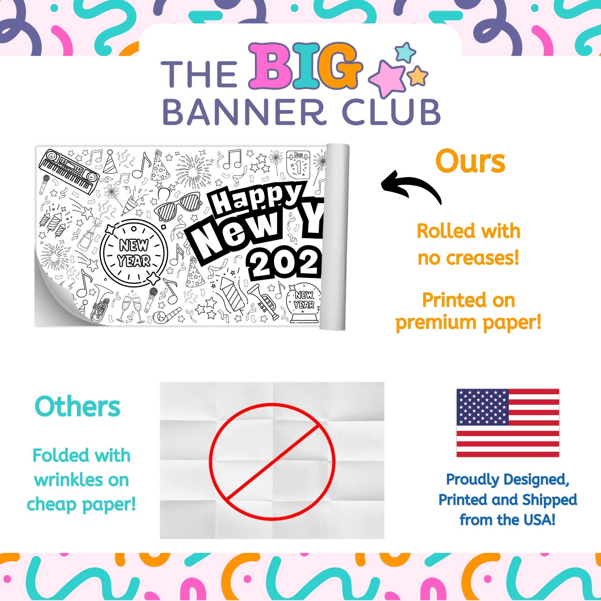 happy new year 2026, giant coloring banner, large paper tablecloth, table runner, kids, activity, screen-free, party-decoration, decor, Colorful 'Happy New Year 2026' banner with children coloring, featuring decorative elements like a disco ball and party hats.