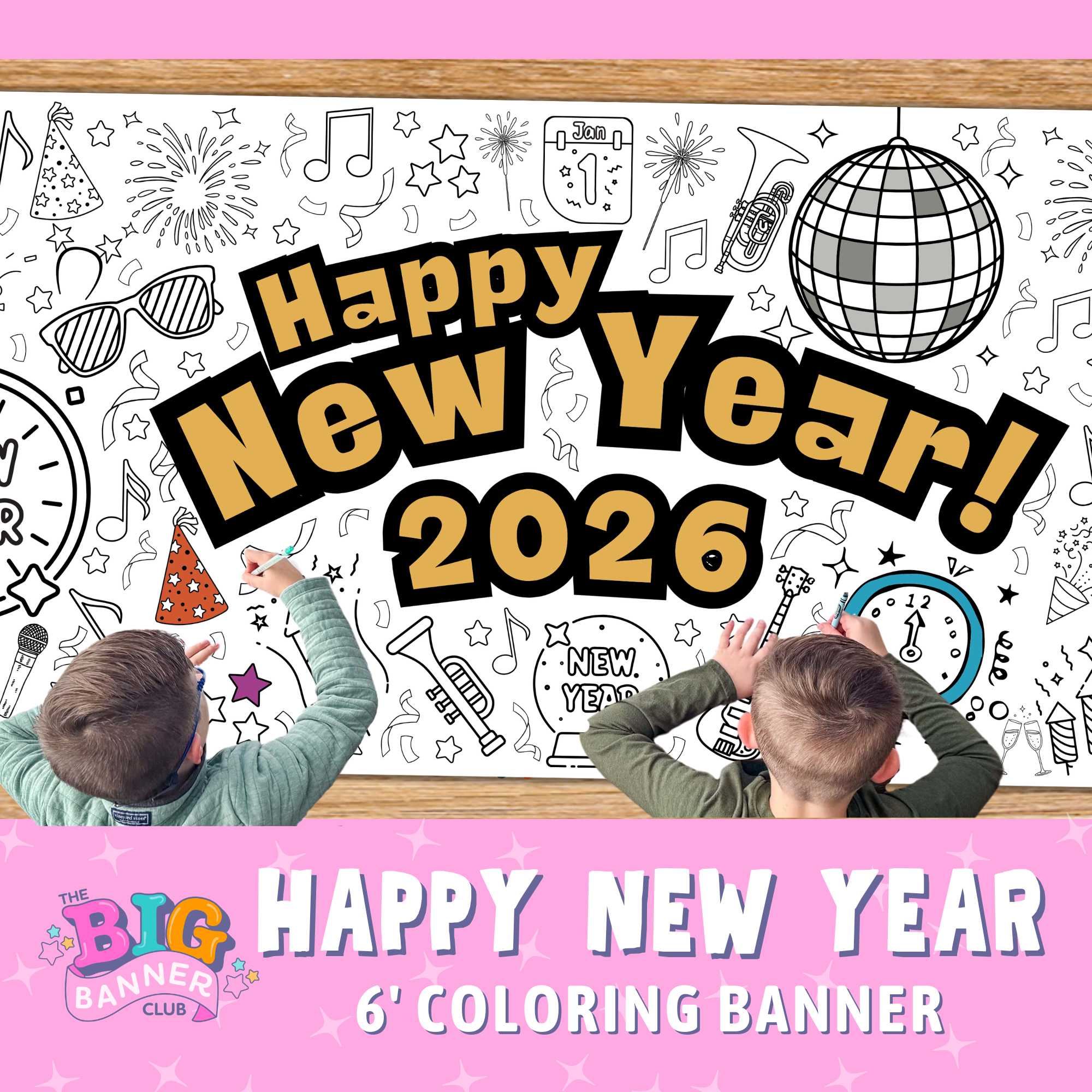 happy new year 2026, giant coloring banner, large paper tablecloth, table runner, kids, activity, screen-free, party-decoration, decor, Colorful 'Happy New Year 2026' banner with children coloring, featuring decorative elements like a disco ball and party hats.