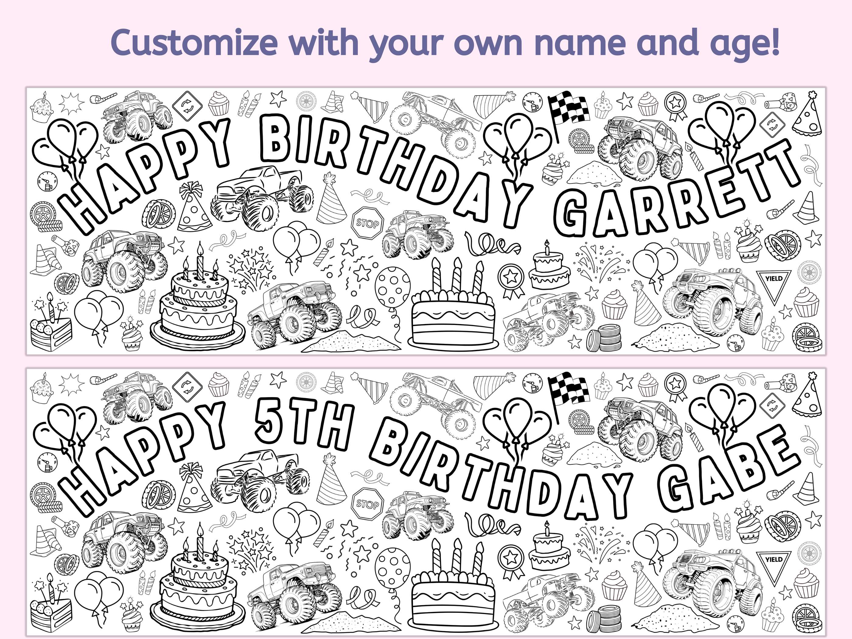monster trucks birthday party decoration tablecloth party decor coloring banner personalized custom