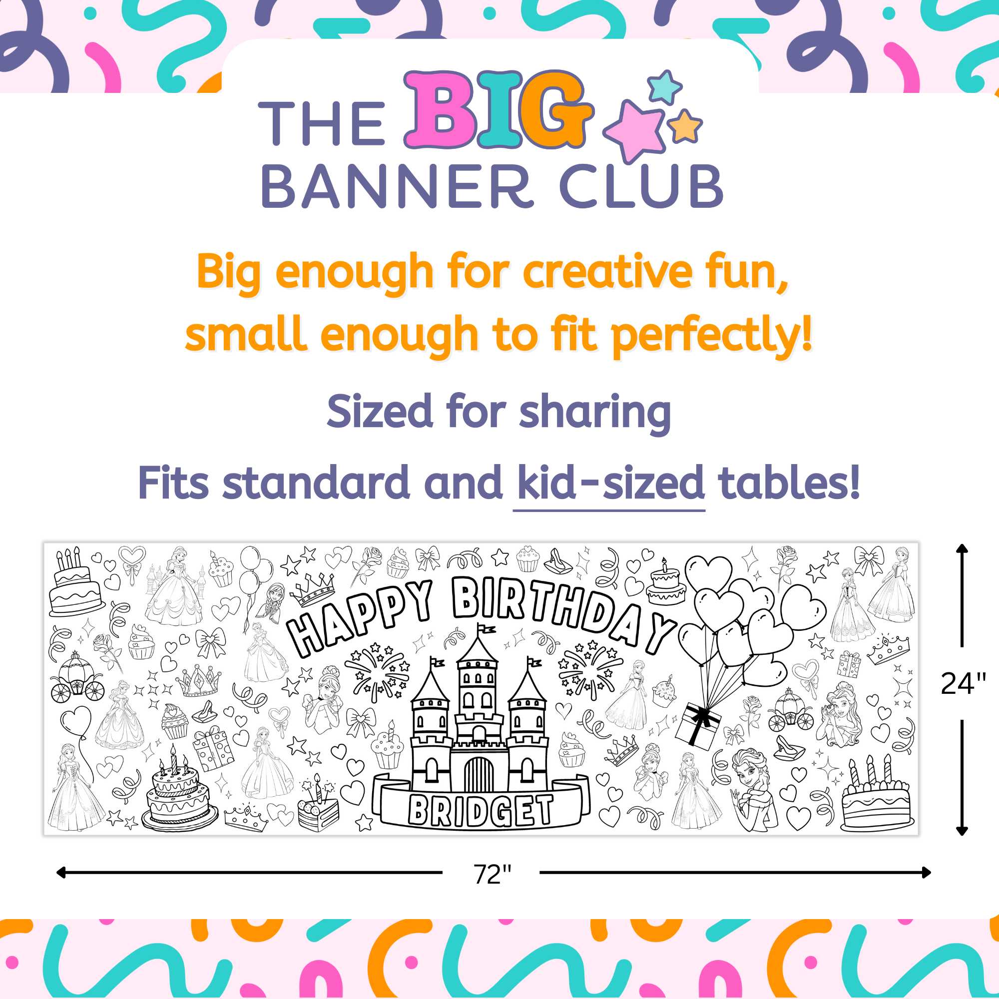 princess birthday party decoration giant coloring banner personalize custom large 6 foot long tablecloth table runner belle kids activity