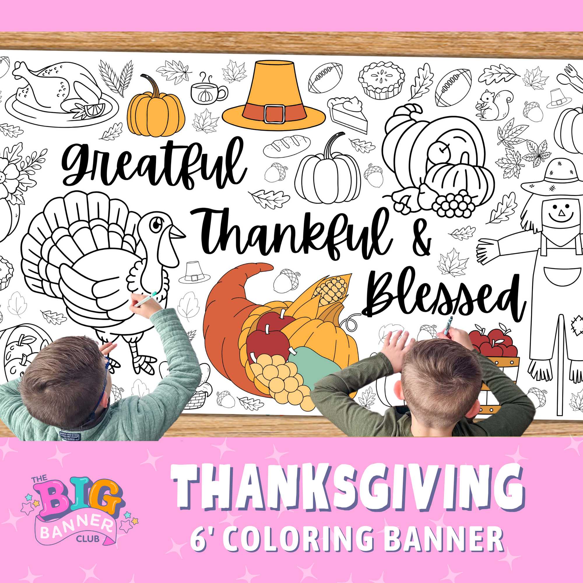 thanskgiving, giant, coloring banner, large paper tablecloth table runner, happy thanksgiving, greatful, thankful, blessed, turkey, scarecrow, pumpkins, Coloring banner with Thanksgiving-themed illustrations and text, featuring children coloring.