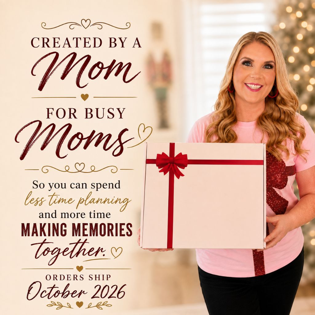 A smiling woman in a pink shirt holds a large cream gift box with a red ribbon and bow. The left side features decorative text reading 'Created by a Mom for Busy Moms' and additional promotional copy, with a softly blurred indoor holiday background for elf on the shelf season