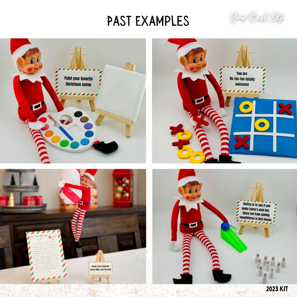 Elf Kit 2025 - 24 Day Elf Kit so it doesn’t just sit on the shelf by Your Best Elf for Making Merry Memories on your elf adventures this Christmas season full of ideas with crafts and games for those crafty kids. Picture entails a a tic tac toe game, candy cane, bowling, and painting set. 