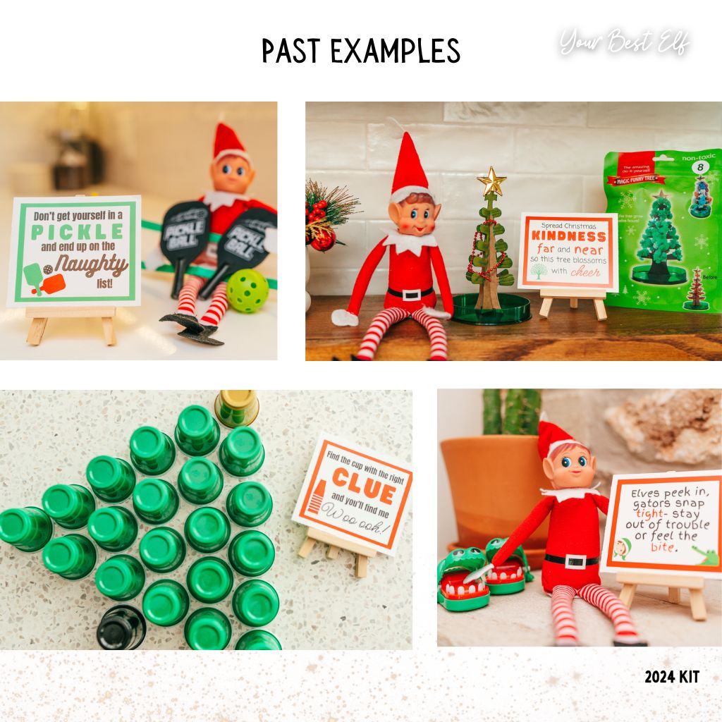 Elf Kit 2025 - 24 Day Elf Kit so it doesn’t just sit on the shelf by Your Best Elf for Making Merry Memories on your elf adventures this Christmas season full of ideas with crafts and games for those crafty kids. Pictures entails pickle ball set, adventure game, alligator, and magical growing Christmas tree. 